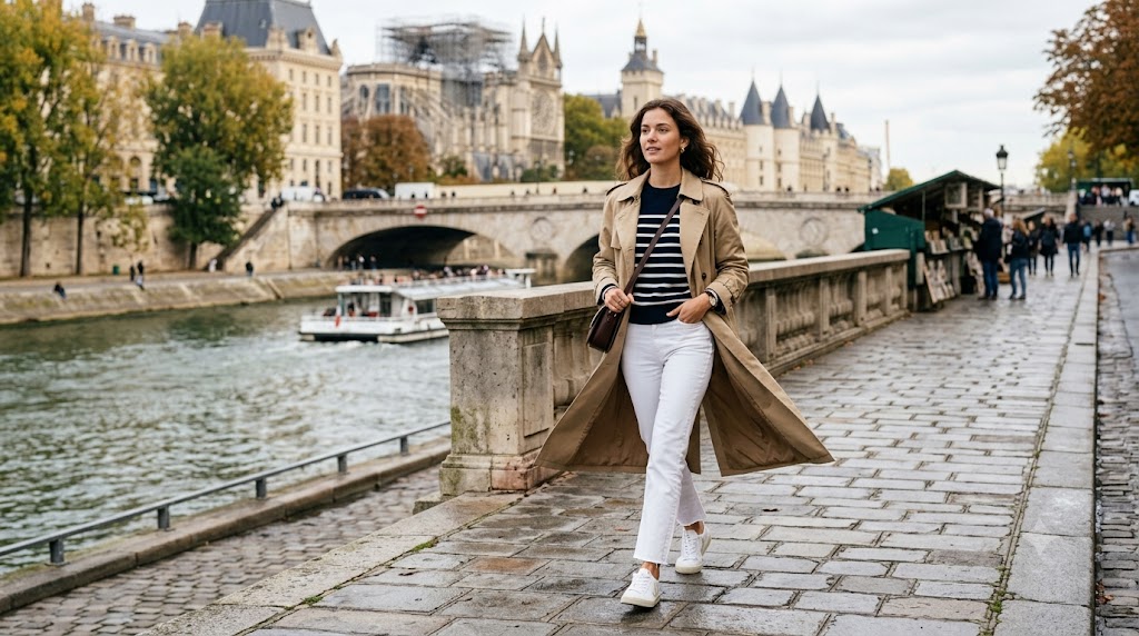 Classic Beige Trench Coat over White Denim & Leather Loafers